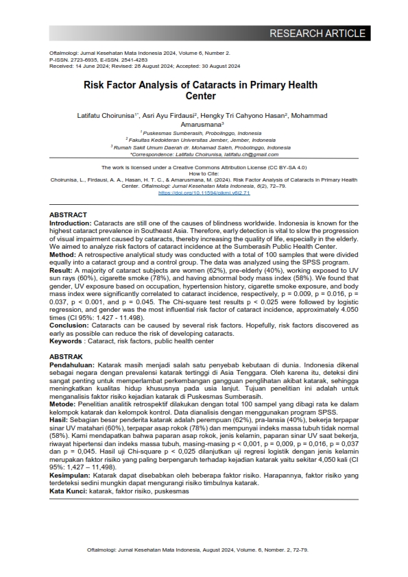 RISK FACTOR ANALYSIS OF CATARACTS IN PRIMAY HEALTH CANTER