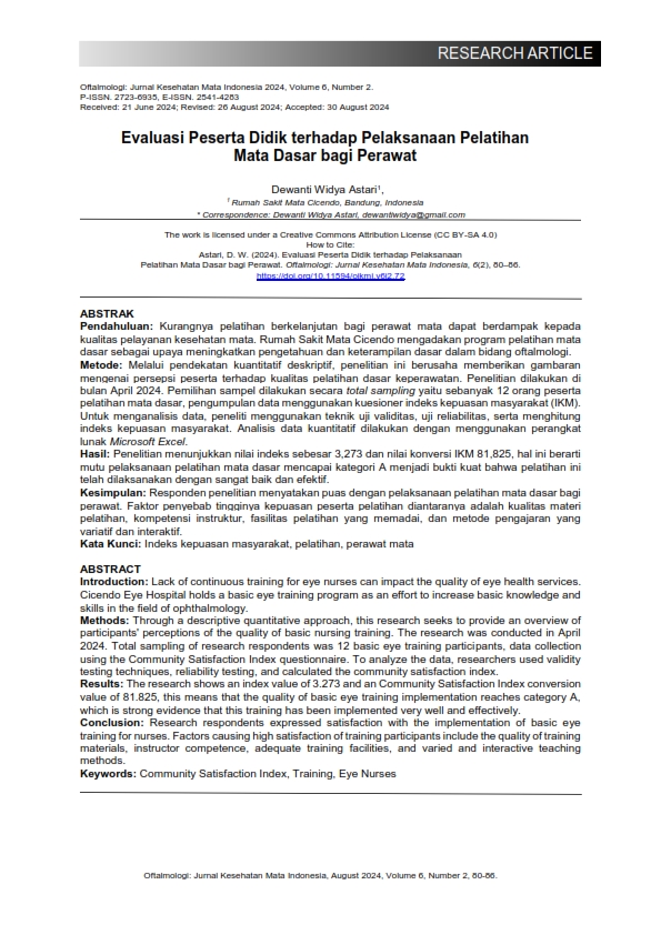 Evaluasi Peserta Didik terhadap Pelaksanaan Pelatihan Mata Dasar bagi Perawat